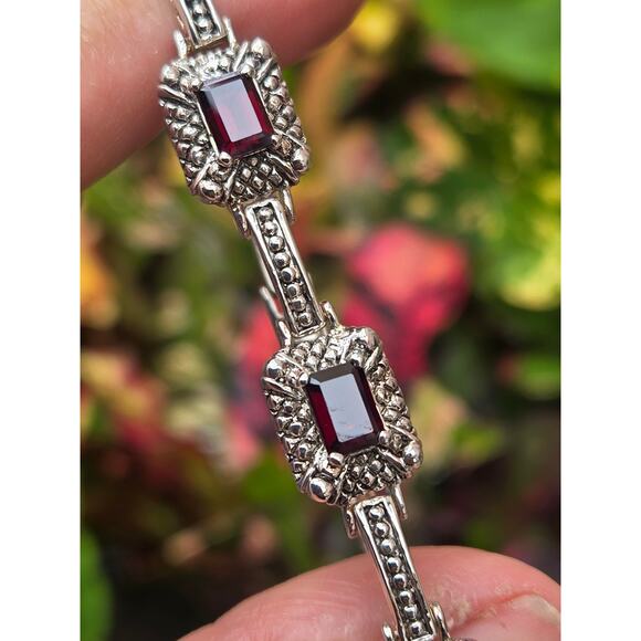 Vintage Art Deco Garnet Sterling Silver Bracelet, 7 Inch - Picture 1 of 9